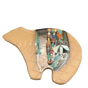 Artisan Ceramic Fetish Bear plaque Raku Mixed Media Bead Glaze SW